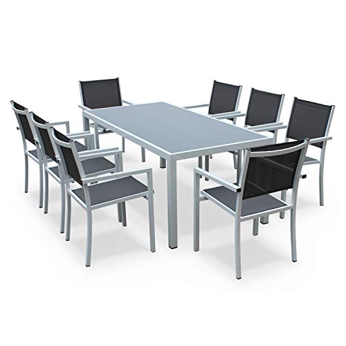 Alice's Garden Comedor de Jardin, Conjunto de Mesa y sillas de Aluminio y textileno - Blanco/Gris - 8 plazas - CAPUA 180