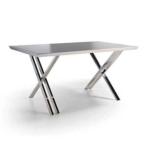 Angel Cerdá | Mesa de Oficina Rectangular Fijo, Tapa de Cristal Templado Negro, Patas Acero Cromado, Estilo Moderno Angel Cerdá | Mesa de Oficina Rectangular Fijo, Tapa de Cristal Templado Negro, Patas Acero Cromado, Estilo Moderno