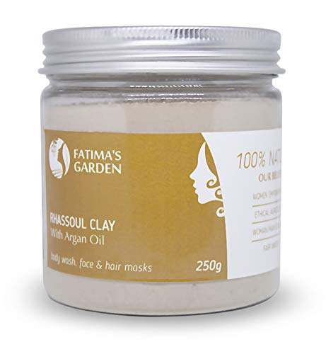 Arcilla Rhassoul de Fatima’s Garden, arcilla Ghassoul marroquí enriquecida con aceite de argán y eucalipto para rostro, cabello, y hammam, propiedades suavizantes y purificantes-250gr Arcilla Rhassoul de Fatima’s Garden, arcilla Ghassoul marroquí enriquecida con aceite de argán y eucalipto para rostro, cabello, y hammam, propiedades suavizantes y purificantes-250gr