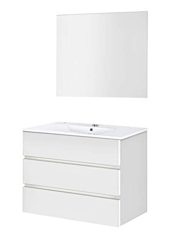 Baikal 830134039 Conjunto de Muebles de Baño con Lavabo y Espejo Luna Lisa, Suspendido a la Pared, Tres Cajones, Melamina 16mm, Acabado en Color Blanco Mate, 100 X 76 X 46 cm