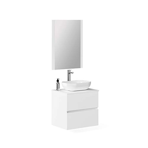 Baikal Conjunto de Mueble de Baño suspendido a la Pared, con Lavabo Sobrepuesto y Espejo con Marco de Madera, Dos cajones, Medidas, Melamina 16, Blanco Mate, 60 X 55 X 46 cm Baikal Conjunto de Mueble de Baño suspendido a la Pared, con Lavabo Sobrepuesto y Espejo con Marco de Madera, Dos cajones, Medidas, Melamina 16, Blanco Mate, 60 X 55 X 46 cm