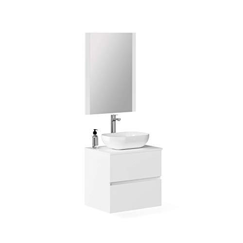 Baikal Conjunto de Mueble de Baño suspendido a la Pared, con Lavabo Sobrepuesto y Espejo con Marco de Madera, Dos cajones, Medidas, Melamina 16, Blanco Mate, 60 X 55 X 46 cm