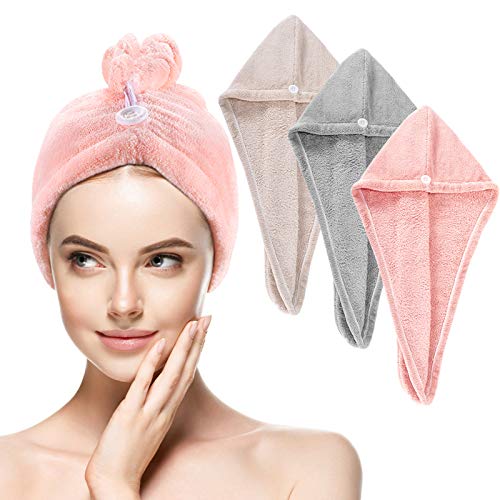 Buluri Toallas para el Cabello, 3 Piezas Toalla de Microfibra para el Cabello, Súper Absorbente, Turbante de Secado Rápido con Diseño de Botón