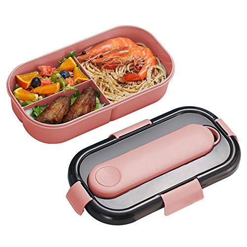 Caja Bento Con Cubiertos, ZoneYan Fiambrera Caja de Almuerzo para Microondas, Bento Box Con 3 Compartimentos y Cubiertos, Cuchara Tenedor Lonchera, Caja de Bento(Azul y Rosa) (rosado)