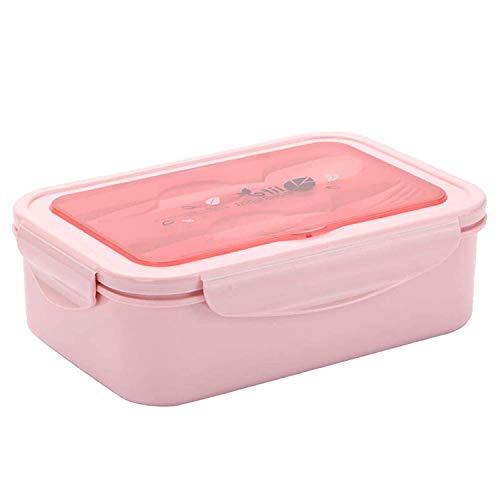 Caja de almuerzo, caja de Bento, 1400 ml, caja de Bento con 3 compartimentos y cubiertos, caja de almuerzo a prueba de fugas, adecuada para hornos de microondas y lavavajillas, salud duradera (Rosado)