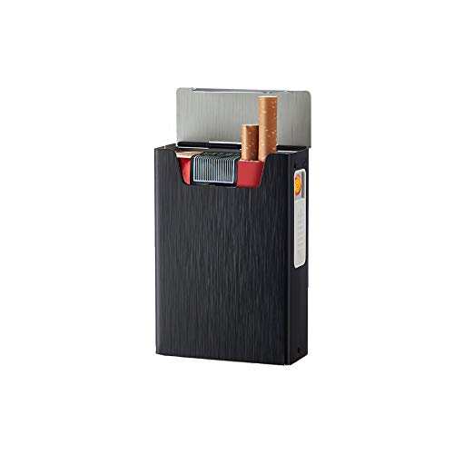 Caja de Cigarrillo, Encendedor 2-in-1 Cigarette Case, Forflameless Electronic Lighter Windproof Smoke Cigarette Box, con Mechero Cigarette Case de Aluminio USB Recargable Caja Cigarrillo (2pcs),Negro
