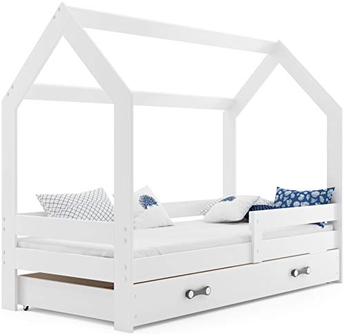 Cama infantil CASA 160x80 de mader de pino, color blanco, con somier, colchón de espuma y cajón GRATIS