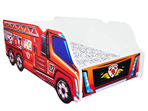 Cama infantil con colchón, diseño moderno de coche de bomberos