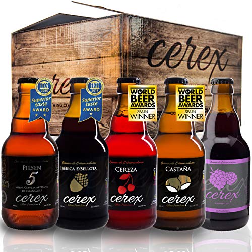 CEREX - Pack 20 cervezas artesanales Cerex 33 cl. (4 Pilsen, 4 Ibérica de Bellota, 4 Castaña, 4 Cereza, 4 Frambuesa) - Mejor Cerveza Artesanal de España Premios"World Beer Awards 2017"