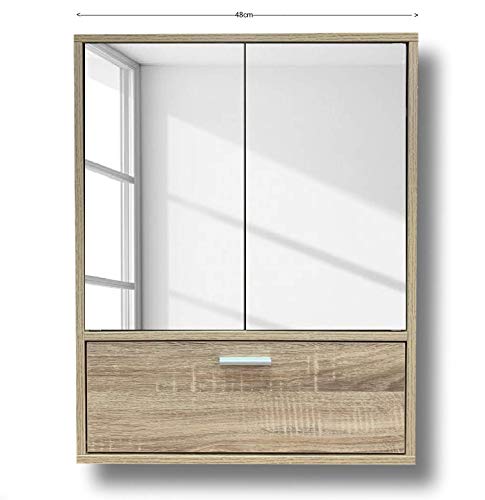 Cflagrant® - Armario de pared de baño o cuarto de baño, 2 puertas espejos y una puerta, color roble Dimensiones: 48 x 60 x 14,5 cm