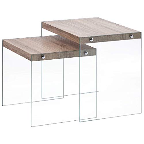 Cikonielf - Juego de 2 mesas de madera de roble brillante, mesa auxiliar de té con patas de cristal templado para sala de estar, espacio pequeño 49,5 x 39 x 48 cm + 41,5 x 39 x 40 cm