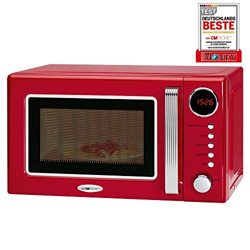 Clatronic MWG 790 - Microondas con grill 20 litros, 700/1000 W, display digital, 9 programas automáticos, timer, serie Rock&Retro estilo vintage, color rojo