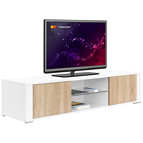 COMIFORT Mueble de TV - Mesa de Salón Moderno, Puerta con Sistema Click, Estante de Cristal Templado, Muy Resistente, Fabricado en Europa, Color Blanco y Roble