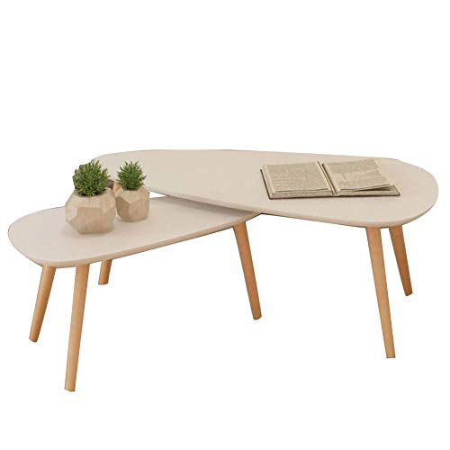 Conjunto de 2 Piezas Mesa de Centro, Mesa Auxiliar de Salón Mesita de Noche Mesas Bajas Estilo Escandinavo Patas de Madera Maciza de Pino + Tablero DM Blanco, 100 x 50 x 40 cm + 70 x 34,5 x 35 cm