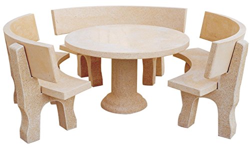 Conjunto Mesa Comedor Jardin DE Piedra Artificial + 3 Bancos con Respaldo. MERLINALBERO