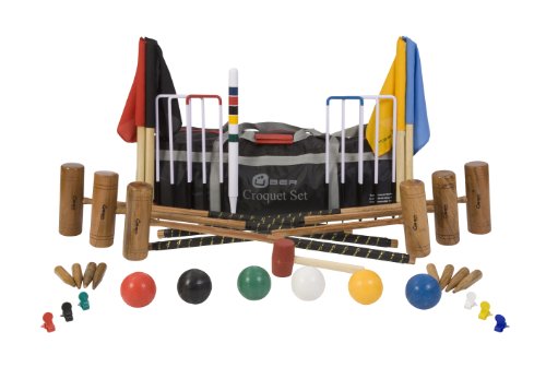 Conjunto para croquet (6 jugadores, con 2 tamaños de mazos 2 x 34" y 4 x 38", 6 bolas compuestas, 6 argollas de acero, martillo, pinzas, banderas y estaca de centro, en bolsa de nylon de transporte)