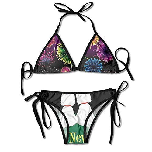 Conjuntos de Bikini para Mujer Impresos Negro de la Feliz Año Nuevo, Traje de baño de la Playa del Traje de baño del triángulo
