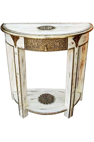 Consola oriental estrecho Kalinda, color blanco y dorado, mesa de consola oriental vintage decorada a mano, aparador rústico de madera maciza, decoración asiática de la India