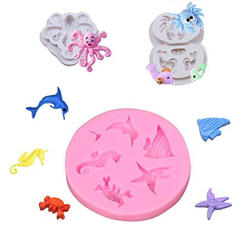CYJZHEU Moldes de Pastel de Silicona Fondant 3d, 3 Piezas Moldes Fondant Animales Moldes Fondant mar Crab Dolphin Sea Horse Starfish Octopus for Cake Chocolate Candy Fondant Muffin Ice Decoration