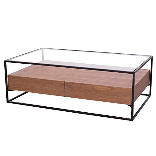 Damiware Baily Design Mesa auxiliar/mesa de centro/mesa de salón/mesa de sofá de metal (negro) y cristal con cajón de madera, mesa de café industrial en 120 x 70 x 40 cm (cuadrada), color nogal