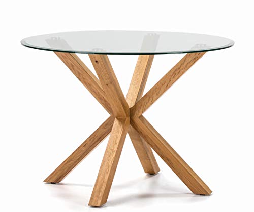 DUGARHOME - Mesa de Comedor Estilo Nórdico - Mesa Redonda Cristal/Madera (107x107)