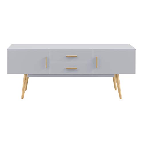 [en.casa] Mesa de Tele 140 x 40 x 56 cm Soporte de televisión Cómoda Mueble de salón para TV con 2 Puertas y Cajones Almacenamiento Patas de Madera Gris Claro