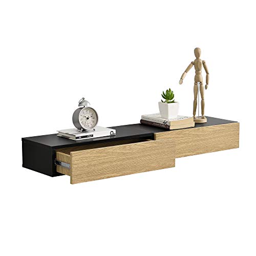 [en.casa] Set de 2 x Estantes de Pared con Compartimento 50 x 24 x 12 cm Mesita de Noche de Pared con cajón para Almacenar Negro y Apariencia de Madera