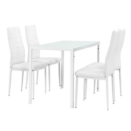 [en.casa] Set de Comedor Moderno Mesa Blanca + 4 sillas Blancas Piel sintética