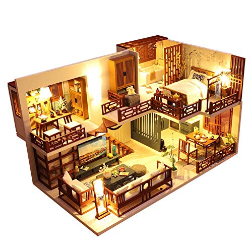 erhumama Casa de muñecas 3D DIY China de madera creativa habitación miniatura Loft casa modelo hecho a mano muebles led kits de luz rompecabezas juguete regalo de cumpleaños