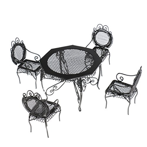 Escala 1/12 Modelo de Mesa Octogonal con 4 Sillas en Miniatura Muebles de Casa de Muñecas - Negro