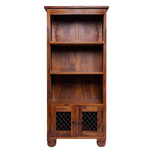 Fab Furnish Estantería de madera maciza de Sheesham hecha a mano tradicional Jali de 3 niveles con armario inferior Fab Furnish Estantería de madera maciza de Sheesham hecha a mano tradicional Jali de 3 niveles con armario inferior