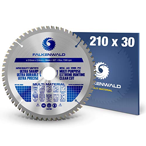 FALKENWALD - Hoja de Sierra Circular 210 x 30 mm - Ideal para Madera - Metal y Aluminio - Disco de Corte compatible con Sierra Tronzadora y Sierra Circular de Bosch & Makita