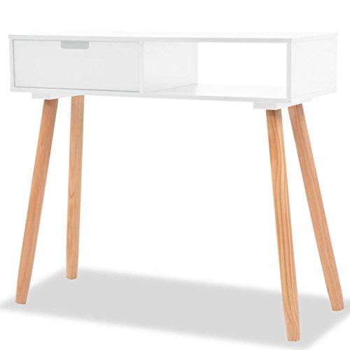 Festnight Mesa Consola Incluye 1 Cajón,Mesa Auxiliar, Escritorio,Aparador,Madera Maciza de Pino, 80x30x72 cm,Blanco y Marrón (Blanco)