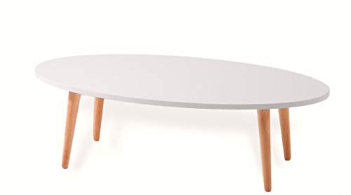 FLENDIT Home-Nordik Collection. Mesa de Centro Ovalada de 110 cm ø y Estilo Nórdico de 1ª Calidad en Color Blanco Mate y Patas de Madera Maciza de Haya 100% Natural.