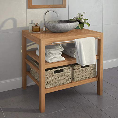 GOTOTOP Armario de Suelo para Baño con 2 Cestas, Mueble de Madera Maciza para Debajo del Lavabo con Barra para Colgar Toallas, 74 x 45 x 75 cm