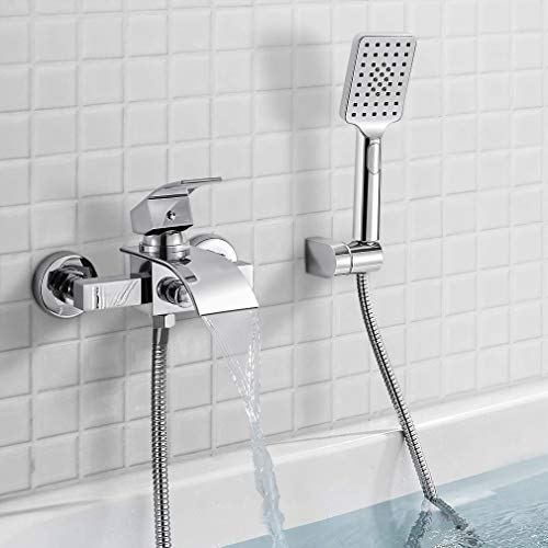 Grifo de Ducha con Alcachofa de Mano, WOOHSE Cascada Mezclador Baño Monomando para Bañera y Ducha Griferia Ducha 3 Tipos de Chorro con 1,5m Manguera de Ducha Latón Cromado Plateado Montaje en Pared