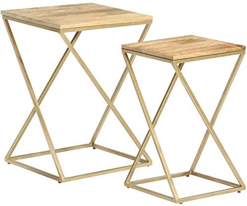 H-CAR Mesas auxiliares de Madera, Mesa de Centro con Acabado, para Sala de Estar, mesita de Noche para Dormitorio, 2 Piezas, Madera Maciza de Mango y Acero H-CAR Mesas auxiliares de Madera, Mesa de Centro con Acabado, para Sala de Estar, mesita de Noche para Dormitorio, 2 Piezas, Madera Maciza de Mango y Acero