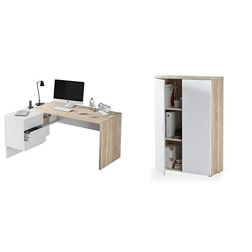 Habitdesign 0F4655A - Mesa Office, Mesa despacho Ordenador Modelo BUC 3 cajones, Color Blanco Artik y Roble Cananadian+ 0F5655A - Mueble Auxiliar Despacho, Modelo Office, Medidas: 119 X 80 X 32,5 Cm