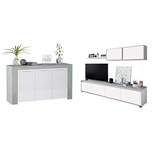 Habitdesign Aparador, Buffet Moderno, Armario Auxiliar Comedor, Modelo Ambit, Color Blanco Artik y Gris Cemento + 016663L Mueble de salón Moderno Habitdesign Aparador, Buffet Moderno, Armario Auxiliar Comedor, Modelo Ambit, Color Blanco Artik y Gris Cemento + 016663L Mueble de salón Moderno