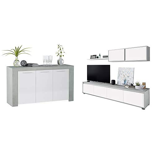 Habitdesign Aparador, Buffet Moderno, Armario Auxiliar Comedor, Modelo Ambit, Color Blanco Artik y Gris Cemento + 016663L Mueble de salón Moderno