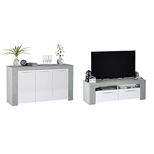 Habitdesign - Aparador Comedor Moderno, Buffet Salón, Ambit, 144x80x42 cm + 016621L Mueble de Comedor Moderno, modulo TV Salon, Modelo Ambit, Melamina, Blanco Artik y Gris Cemento, 120 x 40 x 42 cm Habitdesign - Aparador Comedor Moderno, Buffet Salón, Ambit, 144x80x42 cm + 016621L Mueble de Comedor Moderno, modulo TV Salon, Modelo Ambit, Melamina, Blanco Artik y Gris Cemento, 120 x 40 x 42 cm