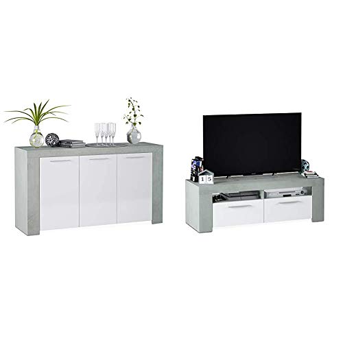 Habitdesign - Aparador Comedor Moderno, Buffet Salón, Ambit, 144x80x42 cm + 016621L Mueble de Comedor Moderno, modulo TV Salon, Modelo Ambit, Melamina, Blanco Artik y Gris Cemento, 120 x 40 x 42 cm