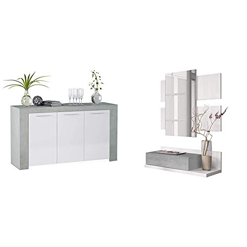 Habitdesign - Aparador Comedor Moderno, Buffet Salón, Ambit, 144x80x42 cm, Color Blanco Artik y Gris Cemento + Recibidor con cajón y Espejo, Blanco Artik y Gris Cemento, 75 x 116 x 29 cm Habitdesign - Aparador Comedor Moderno, Buffet Salón, Ambit, 144x80x42 cm, Color Blanco Artik y Gris Cemento + Recibidor con cajón y Espejo, Blanco Artik y Gris Cemento, 75 x 116 x 29 cm