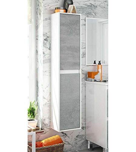 Habitdesign Columna de baño suspendida Pared Color Blanco Brillo y Cemento Estilo Industrial Aseo 140x30x26 cm