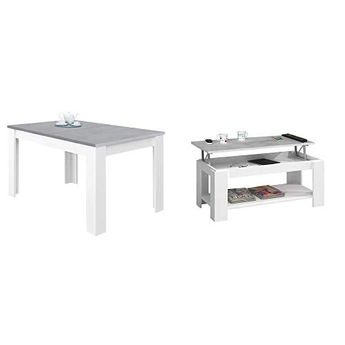 Habitdesign Mesa de Comedor Extensible, Mesa salón o Cocina, Acabado en Color Blanco Artik y Gris Cemento, Modelo Kendra + Mesa Centro con revistero Habitdesign Mesa de Comedor Extensible, Mesa salón o Cocina, Acabado en Color Blanco Artik y Gris Cemento, Modelo Kendra + Mesa Centro con revistero