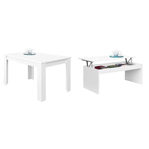 Habitdesign Mesa de Comedor Extensible, Mesa salón o Cocina, Acabado en Color Blanco Brillo, Modelo Kendra, Medidas: 140-190 cm (Largo) x 90 cm (Ancho) x 78 cm (Alto) + Mesa de Centro elevable Habitdesign Mesa de Comedor Extensible, Mesa salón o Cocina, Acabado en Color Blanco Brillo, Modelo Kendra, Medidas: 140-190 cm (Largo) x 90 cm (Ancho) x 78 cm (Alto) + Mesa de Centro elevable
