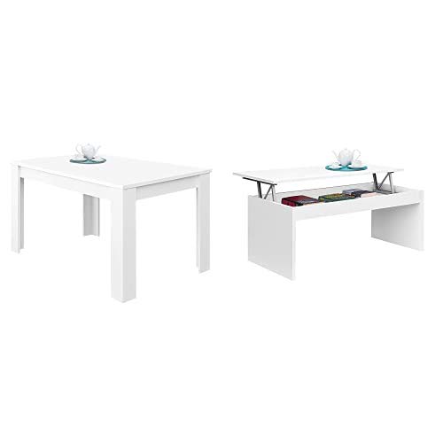 Habitdesign Mesa de Comedor Extensible, Mesa salón o Cocina, Acabado en Color Blanco Brillo, Modelo Kendra, Medidas: 140-190 cm (Largo) x 90 cm (Ancho) x 78 cm (Alto) + Mesa de Centro elevable