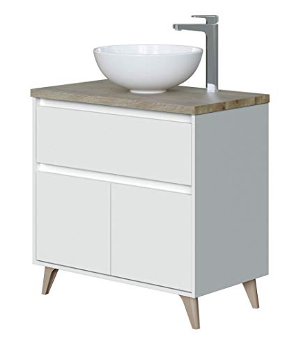 Habitdesign Mueble de baño Aseo 1 cajón 2 Puertas Color Blanco Brillo y Roble Alaska Moderno 81x46 cm SIN LAVAMANOS