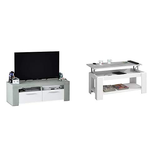 Habitdesign Mueble de Comedor Moderno, modulo TV Salon, Modelo Ambit, Acabado en Color Blanco Artik y Gris Cemento, Medidas: 120 cm (Ancho) x 40 cm (Alto) x 42 cm (Fondo) + Mesa Centro con revistero Habitdesign Mueble de Comedor Moderno, modulo TV Salon, Modelo Ambit, Acabado en Color Blanco Artik y Gris Cemento, Medidas: 120 cm (Ancho) x 40 cm (Alto) x 42 cm (Fondo) + Mesa Centro con revistero