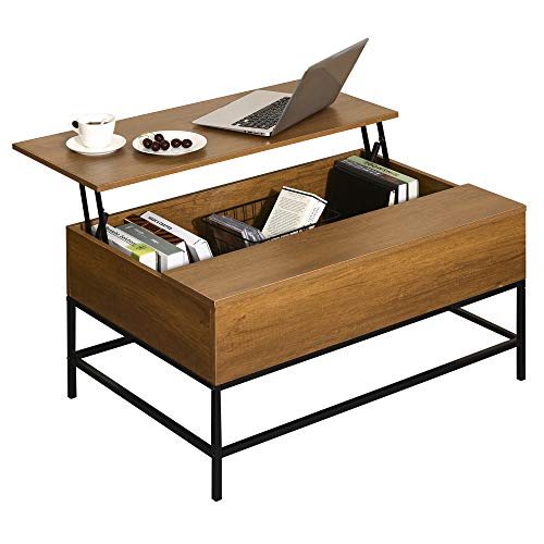 HOMCOM Mesa de Centro Elevable Mesa de Café Versátil con Almacenaje Oculto Patas de Metal para Salón Comedor 90x60,5x45,5 cm Teca